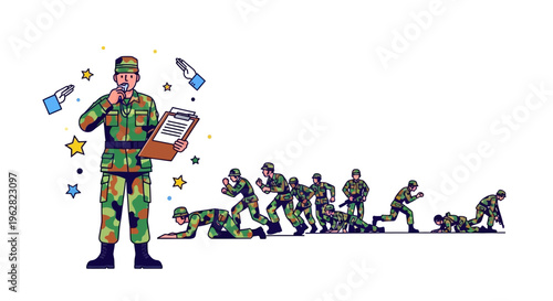 Military Training Exercise with Instructor and Recruits.