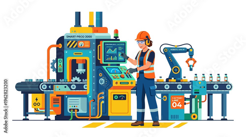 Modern automated factory production line with worker.