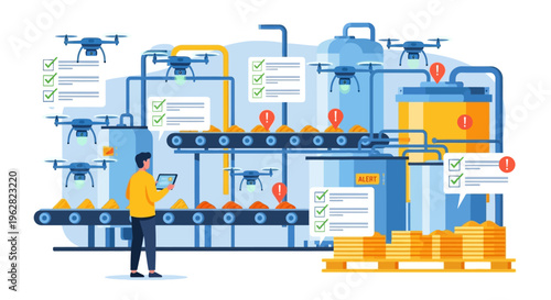 Modern automated factory with drones and conveyor belts.