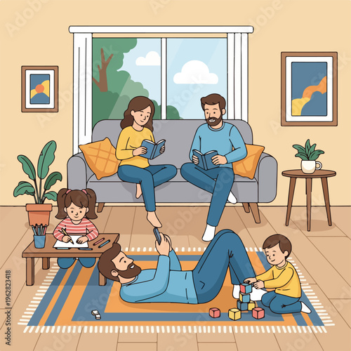 Family spends quality time indoors reading, drawing, playing, and using devices