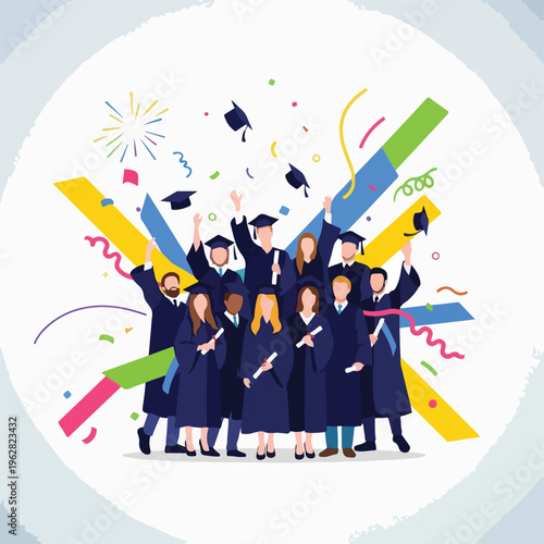 Group of graduates celebrating with confetti and graduation caps