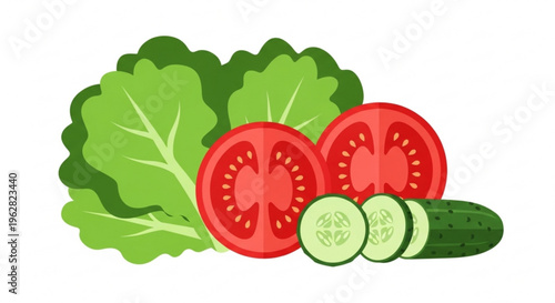 Fresh vegetables lettuce leaves halved tomatoes and sliced cucumbers healthy food ingredients for salad preparation