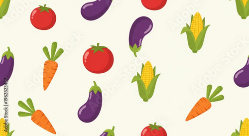 Colorful illustration of mixed vegetables on cream background including tomatoes eggplants carrots and corn on the cob for healthy eating and nutrition concepts