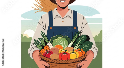 Smiling farmer holding a basket of fresh vegetables in a green field with a sunny sky