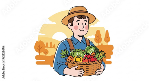 Farmer holding basket of fresh vegetables at sunset with a smile