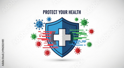 Protective shield with cross and viruses around health protection concept
