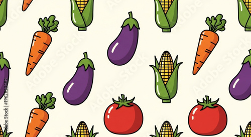 Colorful vegetable pattern with carrots eggplants corn and tomatoes on cream background