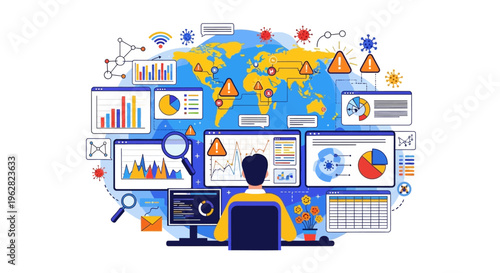 Man working on multiple computer screens with data analysis and global monitoring.