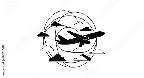 Airplane soaring through the clouds while navigating a globe represented by continuous orbital flight paths, showcasing the connectivity and global reach of modern international travel.
