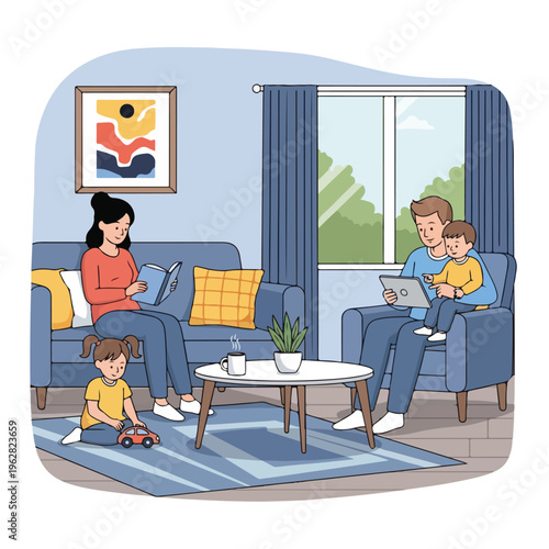 Family spends time together at home, reading books and using a tablet