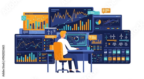Man working on multiple computer screens with data analysis charts.