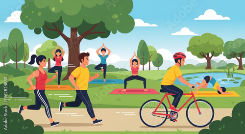 People jogging cycling and doing yoga in a park on a sunny day with green trees and a pond