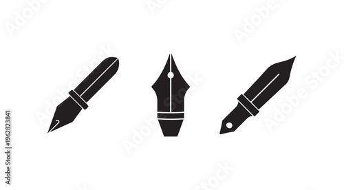 Black silhouettes of nibs and fountain pens on white background  office supplies and writing instruments