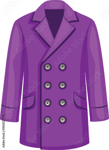 A vibrant purple overcoat with a double breasted button closure