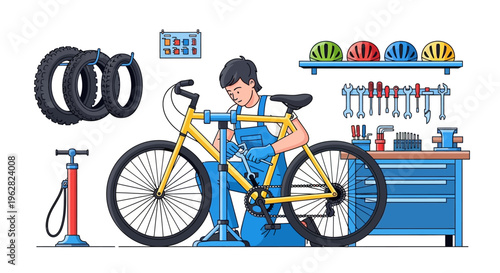 Mechanic repairing a bicycle in a workshop setting.