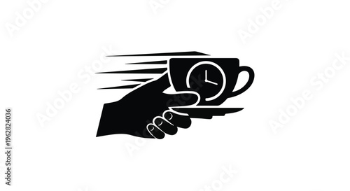 Hand holding a steaming cup of coffee with a clock face integrated into the design illustrates the concept of morning productivity, time management, daily routine, and caffeinated energy.