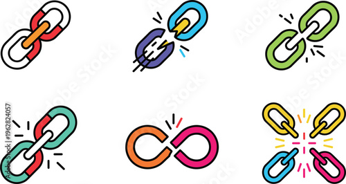 Chain link vector icon set with connection break and infinity symbols colorful abstract linking elements collection isolated