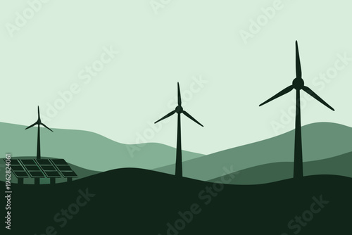 Renewable energy sources wind turbines and solar panels in landscape