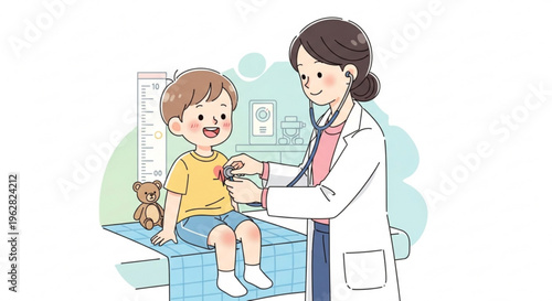 Young boy sitting on examination table getting vaccinated by female doctor in clinic with teddy bear