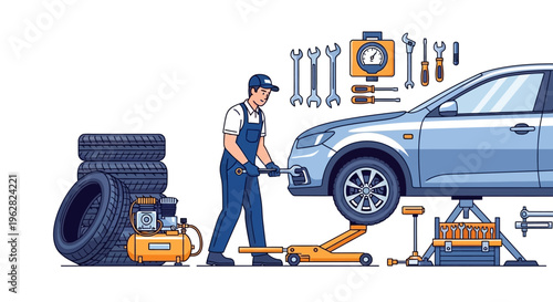 Mechanic Working on Car with Tools and Tires.