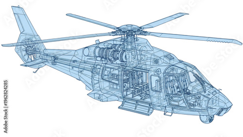 Technical 3D wireframe stealth helicopter with x-ray view and translucent blue shell. Ideal for aviation, defense and concept design.
