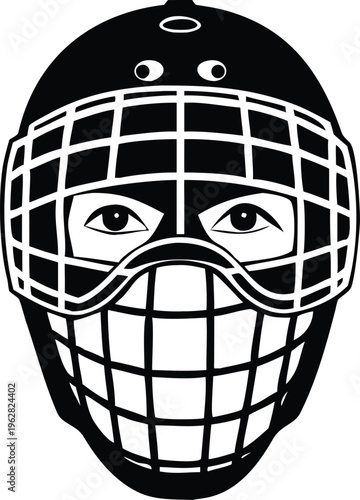 Black and white illustration of an ice hockey goalie helmet with eyes