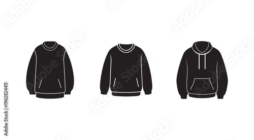Black sweatshirts with white outlines  crew neck and hoodie designs  three styles