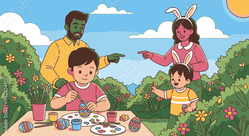 A cartoon family with a green-skinned man and woman wearing bunny ears painting eggs at an outdoor table surrounded by flowers and trees under a blue sky with clouds.