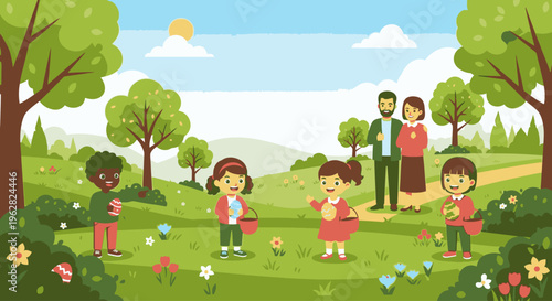 Illustration of a diverse group of children and adults in a vibrant park with trees, flowers, and a sunny sky.