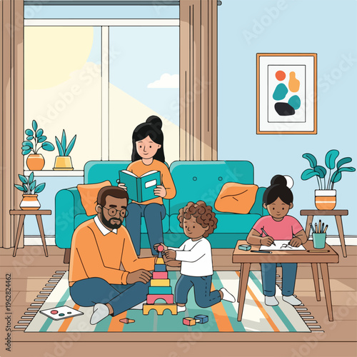 Family time inside, parents with their children, doing various activities