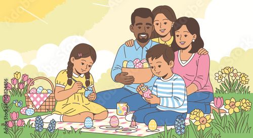 Illustration of a multiracial family with two children sitting on a blanket in a grassy field with flowers, decorating Easter eggs on a sunny day with a basket nearby.