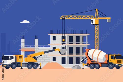Construction site with cranes, trucks, and concrete building, stylized vector illustration of urban development.