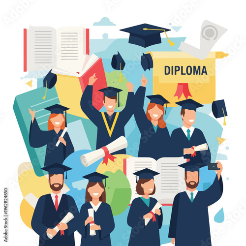 Illustration of a group of graduates celebrating with caps and diplomas
