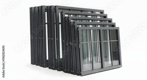 Collection of Modern Anthracite Grey Window Frames in Different Sizes for Home Construction and Renovation, Isolated on White Background