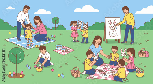 Illustration of a family picnic in a park with children playing and adults supervising on a sunny day with green grass and blue sky.