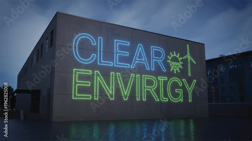 Exterior shot of a building at dusk with 'clear energy' illuminated in neon blue and green neon lights