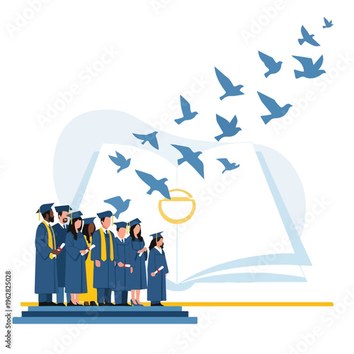 Graduation scene featuring students in blue gowns, with books and birds