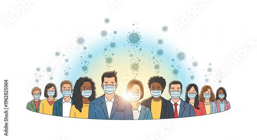 Diverse group of people wearing face masks standing together surrounded by virus particles in the background conveying health and safety during pandemic