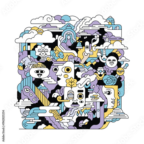 Colorful, whimsical abstract illustration with faces and cloud motifs