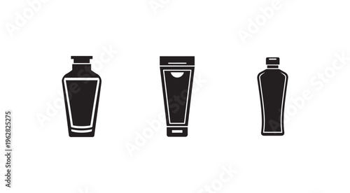 Blackandwhite icons of various cosmetic bottles and tubes for skincare products  personal care items