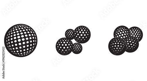 Blackandwhite illustration of several spherical objects with polka dots in various sizes and arrangements on white background  spheres with white dots