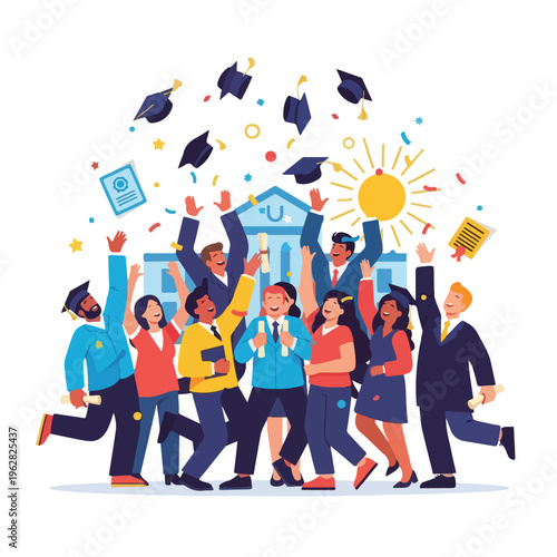 Illustration of a diverse group of graduates celebrating their achievement