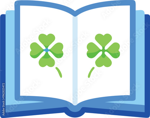 An open book displays two vibrant green four leaf clovers