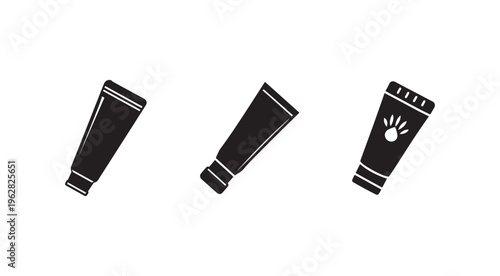 Blackandwhite illustration of three cosmetic tubes with white details on white background