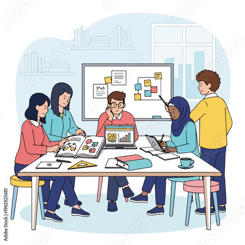 Illustration of a diverse group in a meeting or study session