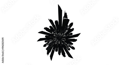 Cityscape silhouette features a stylized cluster of skyscrapers and urban buildings radiating outwards in a circular artistic pattern for modern architecture projects, city planning, and travel.