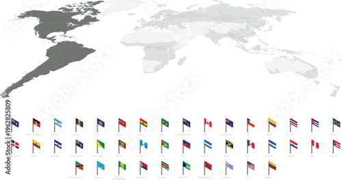 Americas highlighted world map with country flags set, political map vector showing North and South America nations