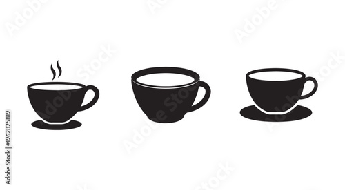 Blackandwhite illustrations of coffee cups on saucers with steam rising from one cup on white background