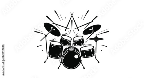 Drum kit ensemble stands ready for a musical performance with cymbals and sticks arranged in a stylized composition that captures the high energy and rhythmic spirit of live percussion music.