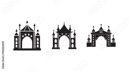 Blackandwhite silhouettesofthreeIndianstylearchitecturalgateswithintricatedetailsandspiresisolatedonwhitebackground